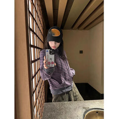 Lunivop Purple Striped Double Zippers Sweatshirt Women Autumn Winter Stand Collar Loose Casual Coats Top Y2k Grunge Streetwear