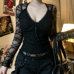 Lunivop Women's Gothic Solid Color Lace Tops Long Sleeve Sexy V Neck Tie-up Front Slim Fit T-Shirts Blouses Club Streetwear