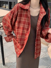 Lunivop American Y2K Plaid Shirt Women Loose Streetwear Long Sleeve Vintage Blouse Casual Oversize All Match Female Spring Tops New