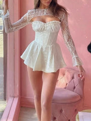 Lunivop Women Hem Ball Gown Swing Party Skater Low Chest Dress Vestido Sexy Jacquard Satin Ruched Bra Corset style Strapless Mini Robe