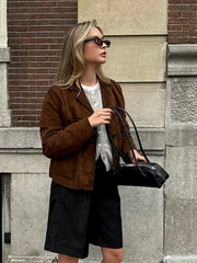 Lunivop Single-Breasted Suede Jackets Women Vintage Short Long Sleeved Jacket For Woman Autumn Casual Brown High Street Outwear