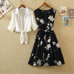 Lunivop Summer Women's 2-Piece Set Floral Print Sleeveless Midi Dress Chiffon Crop Cardigan Casual Set
