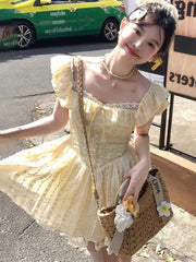 Lunivop Sweet Sexy Slim Yellow Dress Women Fashion Lace Patchwork Cute Mini Dress Chic Square Collar Puffy Sleeve Elegant Vestidos