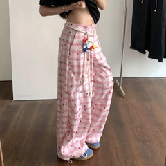 Lunivop Summer White Pink Plaid Patchwork Pants for Women New High Waist Wide Leg Pants American Retro All-match Casual Trousers