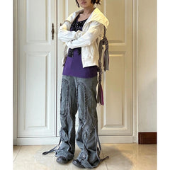 Lunivop Gray Women's Jeans Hip-hop Fashion Vintage Streetwear Y2K Wide Leg Straight Jean High Waist Trouser Baggy Cargo Denim Pants