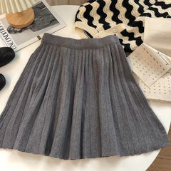 Lunivop Elegant Knit Pleated Mini Skirt Women Grey Preppy Style Short Skirt Autumn Winter High Waist A Line Solid Mini Skirts