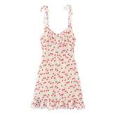Lunivop Women French Style Retro Cherry Fruit Print Wood ear Ruched Chest Bow Lacing Up Sling Dress Short Chiffon Dresses Holiday Robe