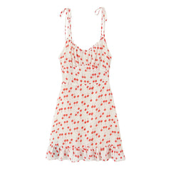 Lunivop Women French Style Retro Cherry Fruit Print Wood ear Ruched Chest Bow Lacing Up Sling Dress Short Chiffon Dresses Holiday Robe