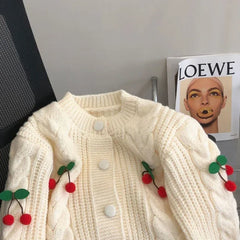 Lunivop Women Cherry Sweater Cardigan Cute Cherries Pom Pom Cable Knit Button-Up Knit Coat Fall Winter Korean Kawaii Sweet Outfit