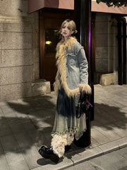 Lunivop Y2k Aesthetics Blue Denim Pocket Jacket Vintage Grunge Fur Patchwork Jacket Harajuku Winter Single Breasted Streetwear Coats