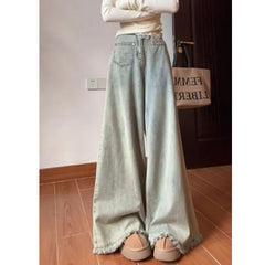 Lunivop Light Blue Flared Jeans for Tall Women, A/W High-Waisted Wide-Leg Distressed Hem Pants