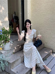 Lunivop Woman Dress Polka Dot Puff Short Sleeve Ruffles Bandage V Neck Temperament Sweet Dresses Elegant Female Fashion