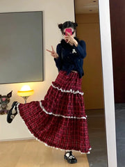 Lunivop Vintage Y2k Long Skirt Women Red Harajuku Streetwear Plaid Skirt Korean Style Retro Patchwork Ruffle Skirts Aesthetics