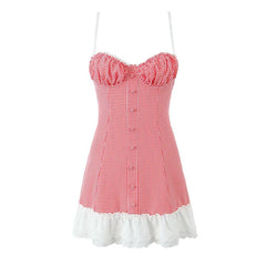 Lunivop Sexy Sweet Women Patchwork Sling Mini Dress Vintage High Wasit Lace Up Back A-line Summer Dresses Holiday Robe
