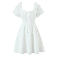 Lunivop Pretty Girl Holiday Summer Dresses Women O Neck Short Sleeve A-line Mini Hollow Out Embroidery White Dress Backless Robe