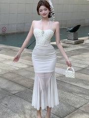 Lunivop Summer White Mesh Patchwork Ruffled Mermaid Dress Women Elegant Diamonds Neck-mounted Sexy Dress 2025 Korean Luxury Party Dress