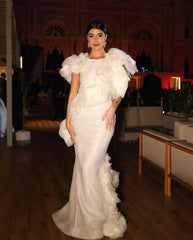 Lunivop O-neck Ruffles Sleeve Mermaid Dress With Train Ruffled Floral Evening Dresses Off White Lace Long Woman Clothes Elegant Prom Dress