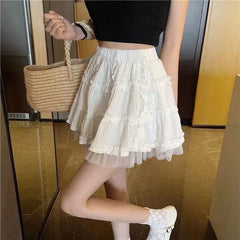 Lunivop Korean Version of Women's Lolita Elasticized Patchwork Gauze Lace Folds Fashion Solid Color Elegant Versatile Casual Skirts