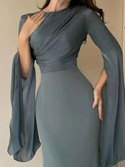 Lunivop Solid Flare Sleeve Women's Long Dresses Round Neck High Waist Slimming Elegant Dress Female Autumn 2025 New 3WM2174