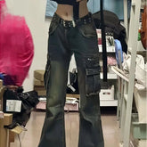 Lunivop Sexy Low Waist Washed Cargo Jeans Women American Hip Hop Punk Wide Leg Denim Pants Woman Zipper Pockets Chic Streetwear Trousers