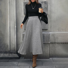 Lunivop BKLD Elegant Fashionable Women's Solid Color Elastic Waist Pockets Patchwork Woolen Pleated A-line Half Skirt Office Lady Bottom