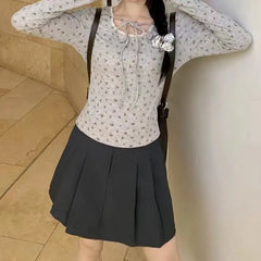 Lunivop New Millennial Style Floral Print Sexy Square Collar Lace-Up Design Sense Decoration Slim Knit Long-Sleeved Top For Women