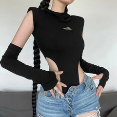 Lunivop Black Sexy Mysterious Hot Mature Glamour Simple Knit Stretch High Street Off Season Hooded Women's Bodysuit With Sleeves