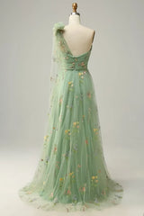 Lunivop High Quality One Shoulder Green Tulle Pleat Appliques Flowers Sleeveless Elegant Dress Women for Wedding Party