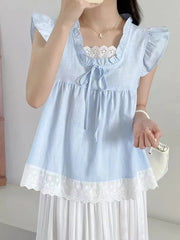 Lunivop Sweet Lace Patchwork Tanks Women Loose Flying Sleeve Elegant Tanks Tops Vintage Casual Female Korean Summer Retro Tops New