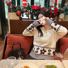 Lunivop Half Zipper Knit Cardigan Sweater Women Pullovers Cozy Loose Sweater Jacket Collared Long Sleeve Floral Print Fall Winter Outfit