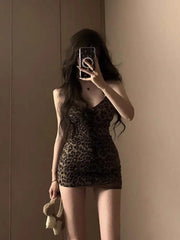 Lunivop Vintage American Halter Grunge Punk Women Dress Sexy Fashion Leopard Print All Match Casual Clothes Y2k Aesthetic Casual Dresses