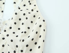 Lunivop Sexy Beige Polka Dot Spliced Lace Bow Halter V Collar Backless Mini Dress Women Elastic Zipper Back A-line Short Robe Holiday