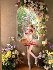 Lunivop Vintage Fresh Prairie Chic 2 Piece Set Women Slim Floral Doll Collar Puff Sleeve Top + High Waist Plaid Skirt Sweet Party Outfit