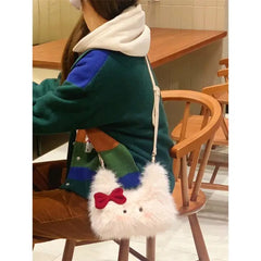 Lunivop Plush Cute White Y2k Messenger Bag Women New Harajuku Aesthetic Fur Soft Bow Chic Mini Bags Ladies Casual Crossbody Bags