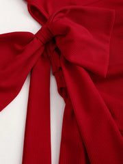 Lunivop Red one shoulder bow adorned ruched short dress,Red asymmetrical strap bow slim fit dress,Red one shoulder ruffled mini dress