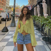 Lunivop Mesh See Through Ruffle Autumn Long Sleeve V Neck Chiffon Blouse Shirts Loose Casual Streetwear Women Casual Clothes