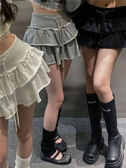Lunivop Sweet Kawaii Ruffle Mini Skirt Korean Style Cake Lace Up Layered Skirts Elegant Sexy Casual Patchwork Solid Short Skirt