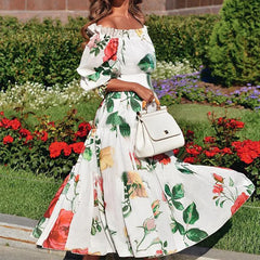 Lunivop Summer Floral Print Slash Neck Beach Dress Women Casual Short Sleeved Pleated Bohemian Dresses Fashion Long Sundress