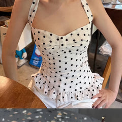 Lunivop Y2k Fairycore Ruffles Hem Backless Vest Polka Dot/Plaid Pattern Halter Crop Tops Summer Holiday Sleeveless Slim Fit Camis Tops