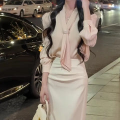 Lunivop Autumn light familiar wind professional temperament long sleeve shirt+high waist split skirt suit