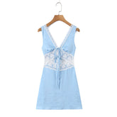 Lunivop Fashion Light Blue Satin Spliced Lace V neck Tank Dress Women Hollow Out Slim Waist A-lined Sleeveless Short Dresses Femme Robe