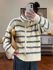 Lunivop Lazy Wind Vintage Striped Cardigan Women Casual Preppy Style Loose Knitted Sweaters Japan Retro Stand Up Collar Long Sleeve Tops