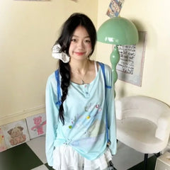 Lunivop T Shirts Women Cartoon Printed Long Sleeve Sweet Summer Fashion Loose Tops Preppy Style Female Casual Tshirt Chic