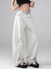 Lunivop Plaid Patchwork Wide Leg Pants Women Loose Vintage Streetwear Straight Trousers High Waist Hip Hop Bf American Retro Pant New