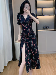 Lunivop Women Elegant Long One-piece Dress Gown Summer Black Floral Puff Sleeve V-Neck Luxury Dress 2025 Korean Bodycon Festival Dresses