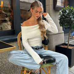 Lunivop Solid Elegant Off Shoulder Ribbed Crop Tops Autumn Fashion Casual Skinny Long Sleeve Camis Gentle Y2K Tight T-shirts