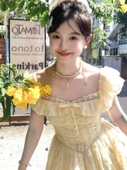 Lunivop New Super Fairy Slim Fresh Sweet Cute Dresses Sleeve Chic Yellow A-line Mini Dress Women Spring Summer Fashion Vestido