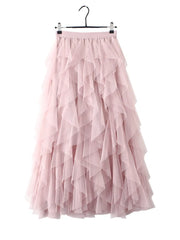 Lunivop Women Layered Irregular Mesh Skirt Korean Clothes Summer Vintage Elastic Waist Pleated Mid Long A-line Skirts Femme