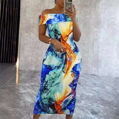 Lunivop Tie Dye Printing Bodycon Midi Dresses for Women Elegant Off the Shoulder Slash Neck Slim Fit Party Dress Holiday