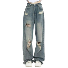 Lunivop American Retro Hole-punched Jeans Women High Waist Straight-crotch Loose Slim Design High-street Vibe Wide-legged Dragging Pants